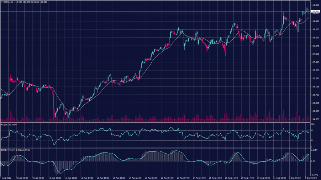 US dollar index chart showing that the momentum slowed this morning which might lead prices to decline towards 109.70. 