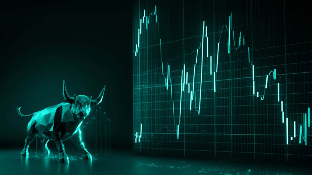 ¿Qué es un CFD en el trading? Un gráfico de mercado financiero en color oscuro con un toro en turquesa.